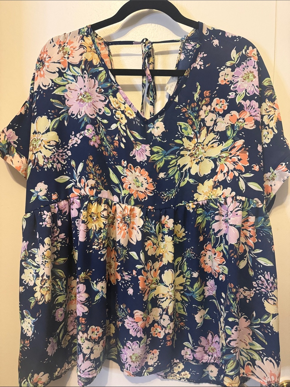 Floral V-Neck Peplum Top - Navy Multi